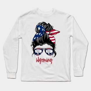 wyoming girl Messy bun , American Girl , wyoming Flag Long Sleeve T-Shirt